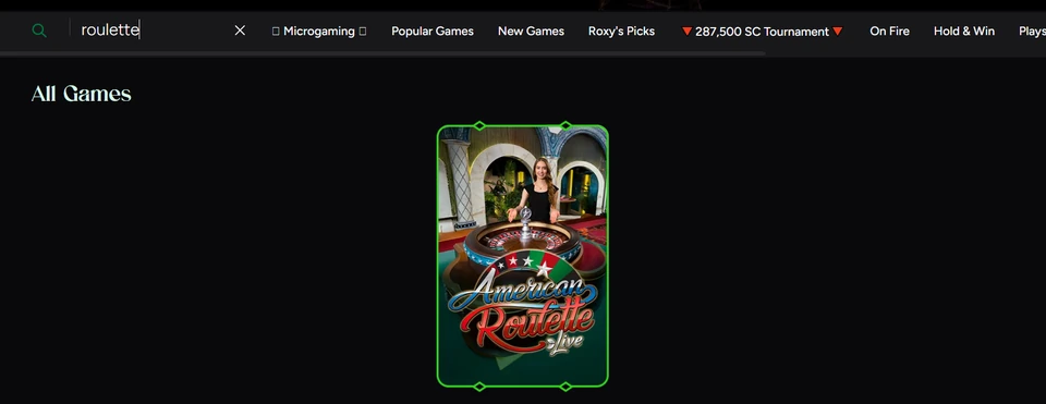 Roxy Moxy search results showing the American Roulette Live game