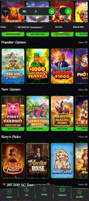 Roxy Moxy mobile lobby showing popular games, new games, and navigation