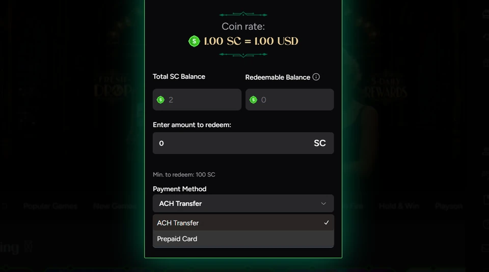 Roxy Moxy redemption screen showing a 100 SC minimum and ACH or prepaid card options