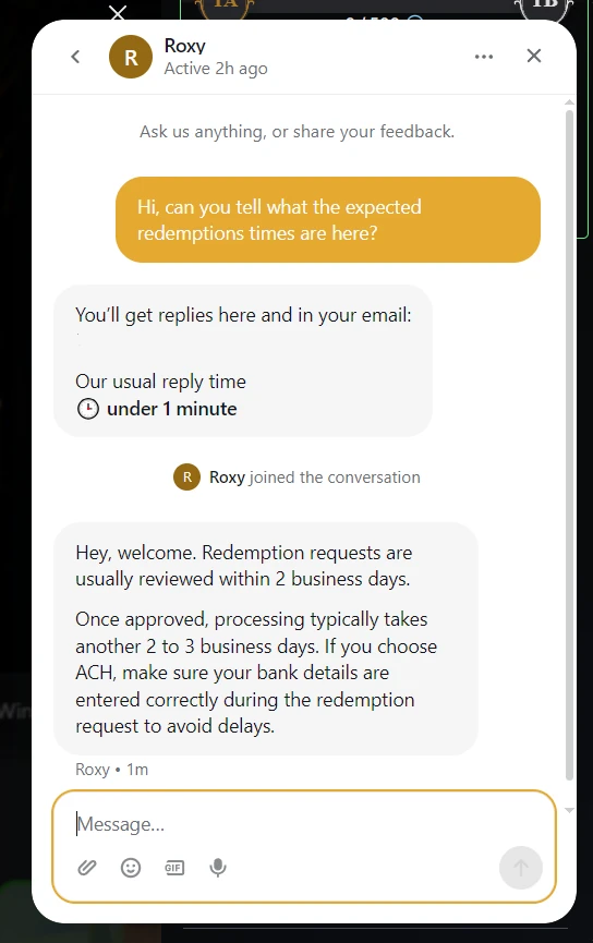 Roxy Moxy support chat explaining redemption review and processing times