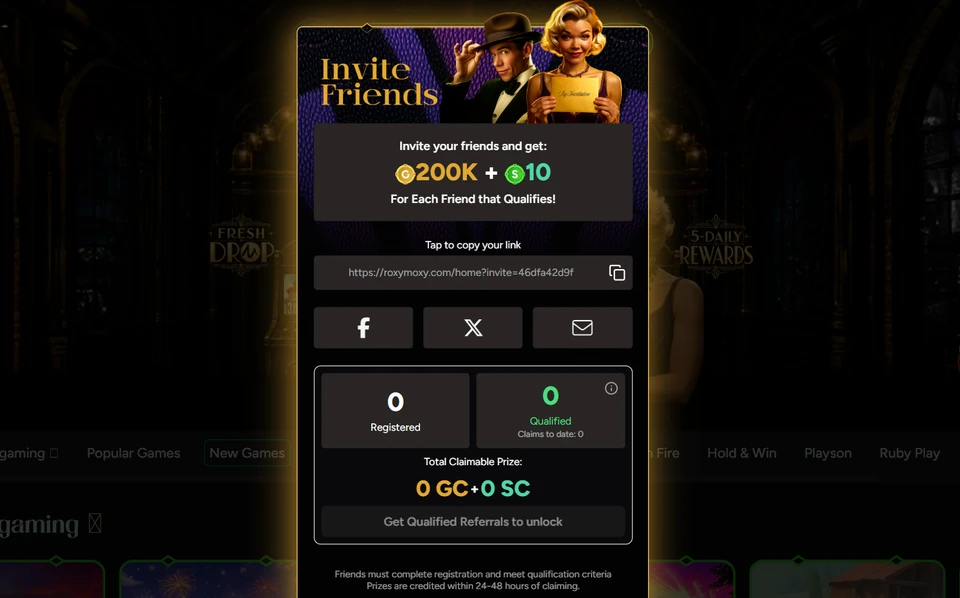 Roxy Moxy referral program offering Gold Coins and Sweeps Coins for qualifying friends