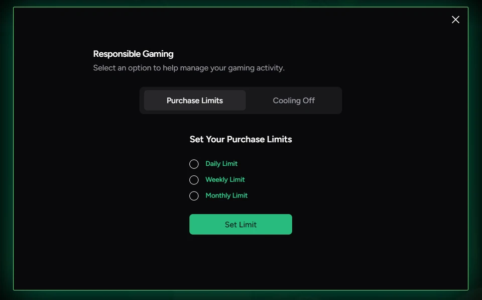Roxy Moxy responsible gaming settings for daily, weekly, or monthly purchase limits