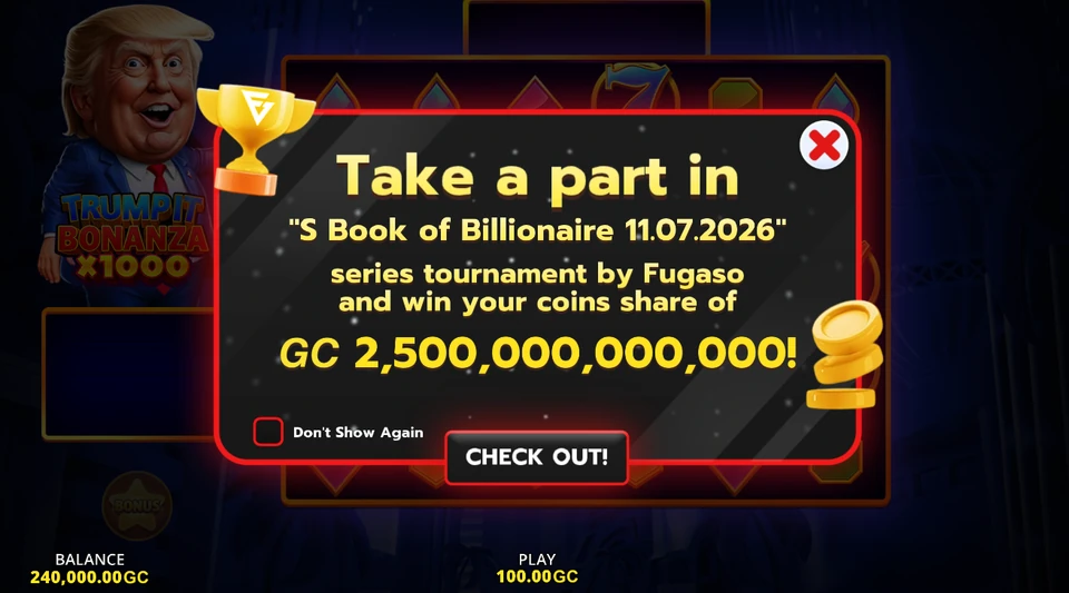 Roxy Moxy Trumpit Bonanza tournament popup with a Gold Coin prize pool