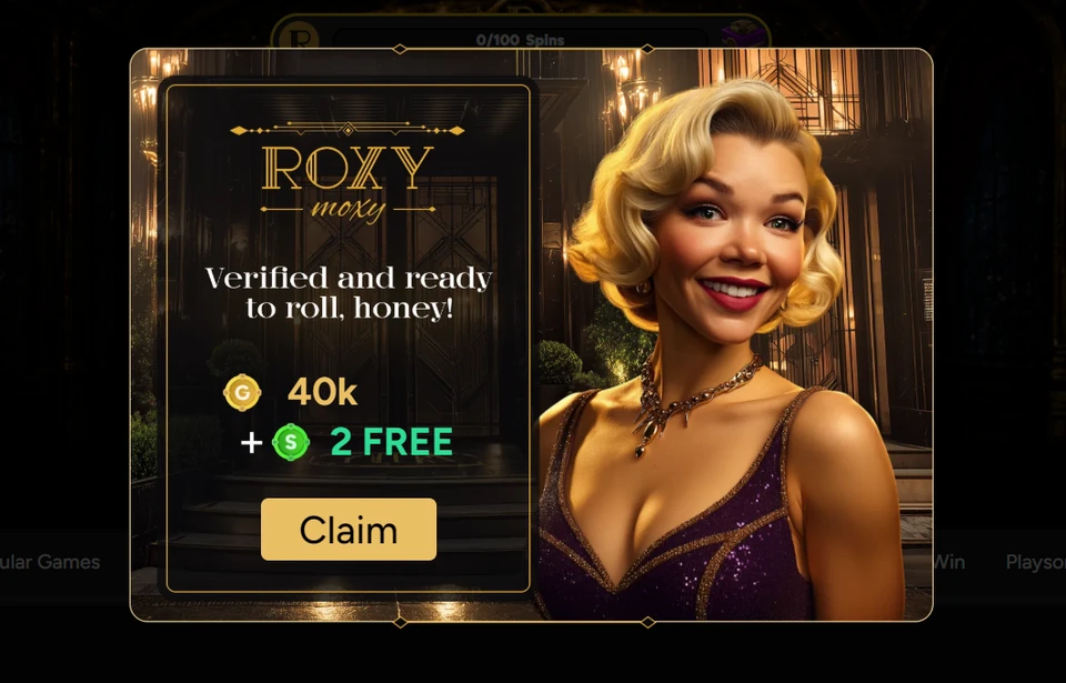 Roxy Moxy verification reward popup with 40K Gold Coins and 2 free Sweeps Coins