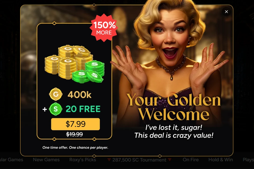 Roxy Moxy welcome offer showing 400K Gold Coins and 20 free Sweeps Coins for $7.99