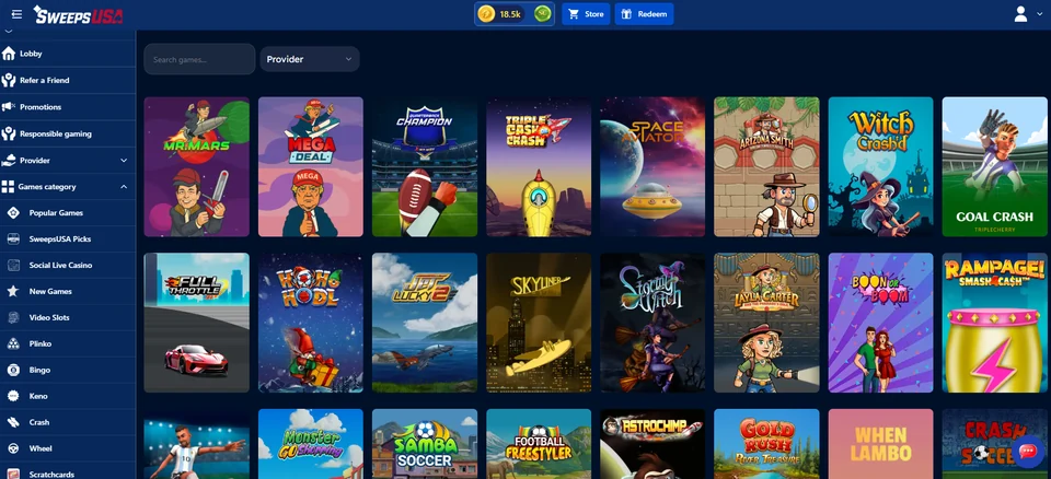 Sweeps USA arcade-style games lobby showing a grid of colorful game tiles