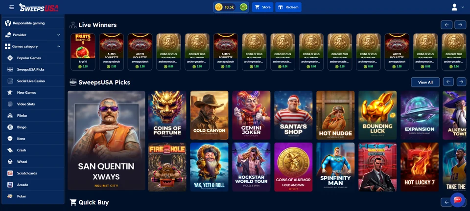 Sweeps USA desktop lobby showing live winners and popular casino games