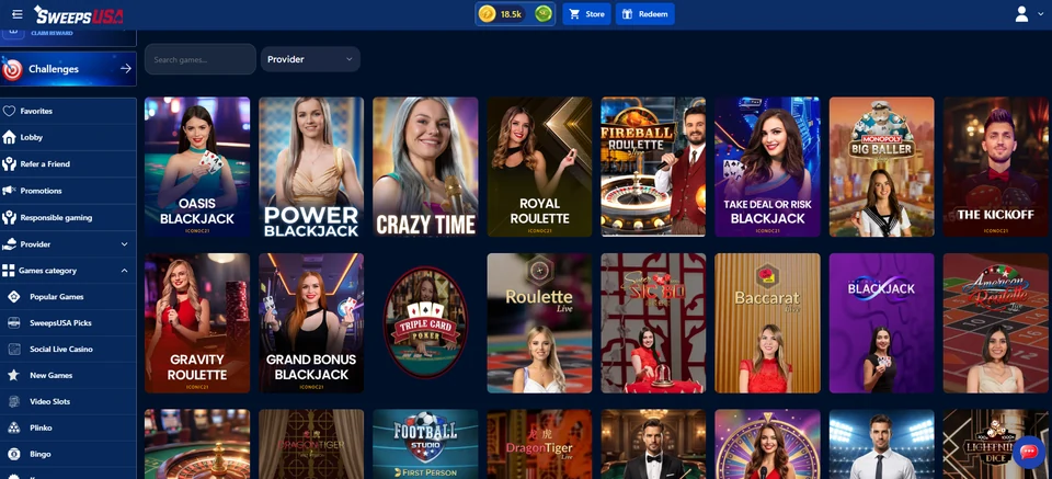 Sweeps USA live dealer lobby showing blackjack, roulette, and game show tables