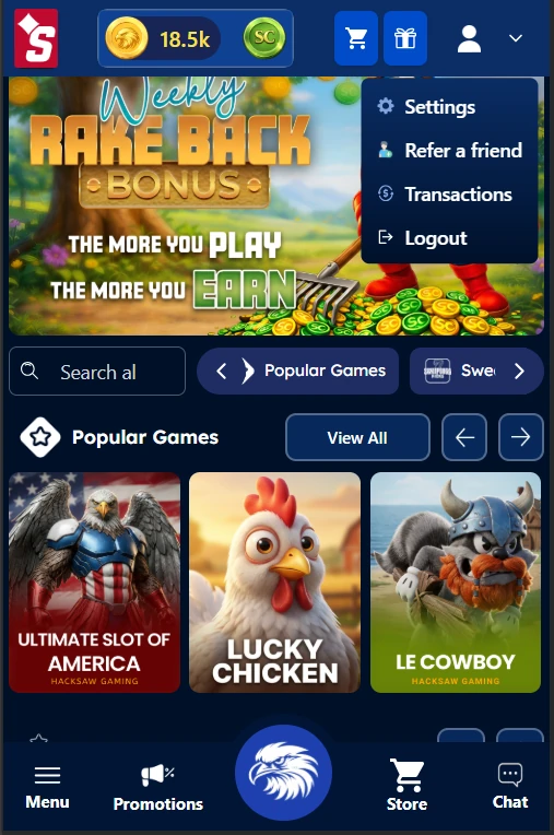 Sweeps USA mobile lobby with profile menu and popular games
