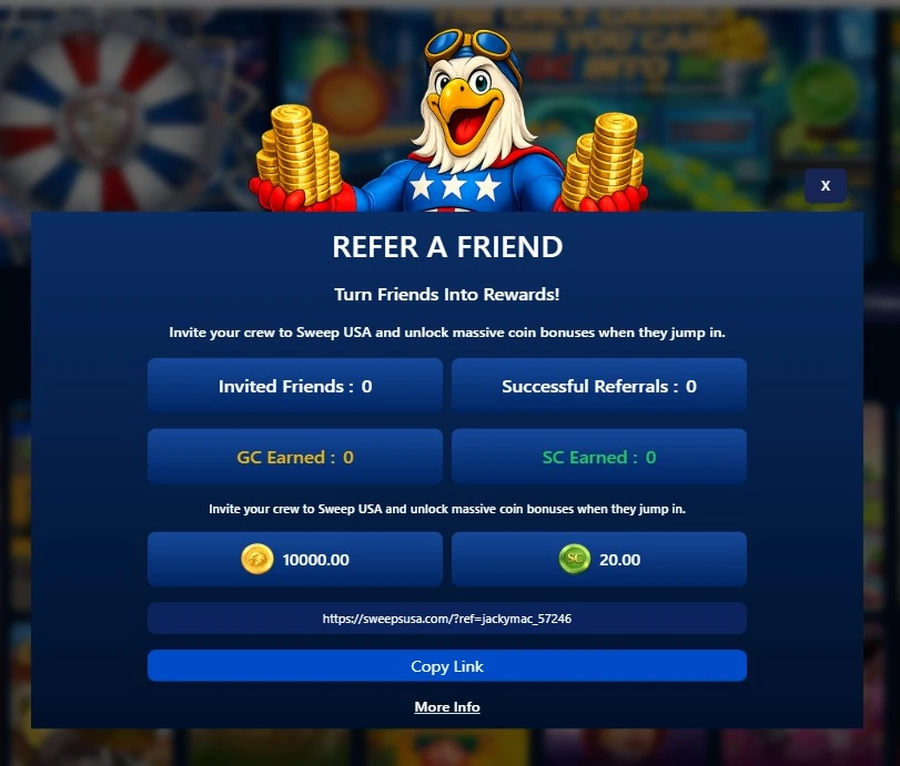 Sweeps USA referral bonus showing a 10,000 GC and 20 SC reward