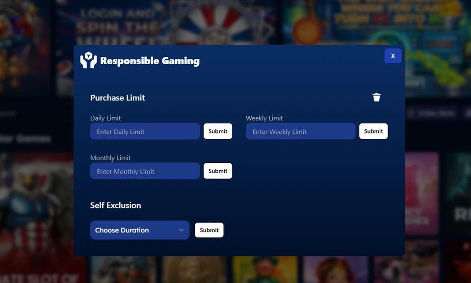 Sweeps USA responsible gaming panel with purchase limits and self-exclusion controls