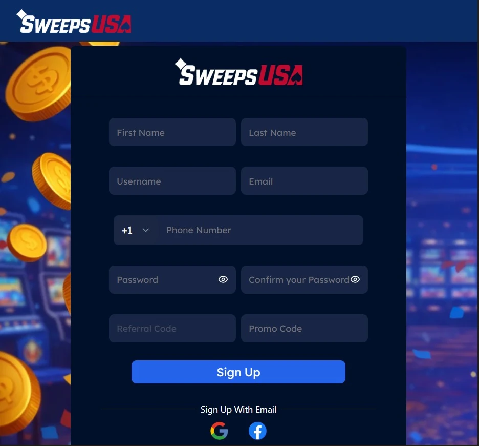 Sweeps USA sign-up form with fields for account details
