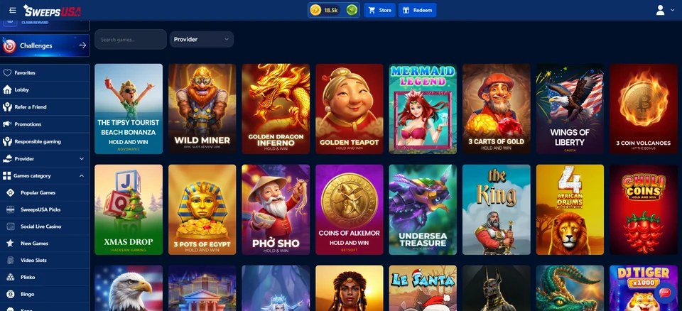 Sweeps USA slots lobby showing a large grid of slot games