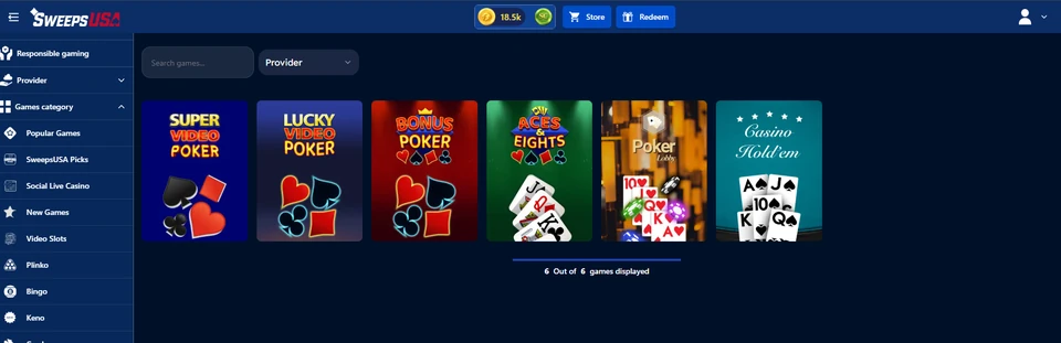 Sweeps USA game lobby showing poker titles and table game search results