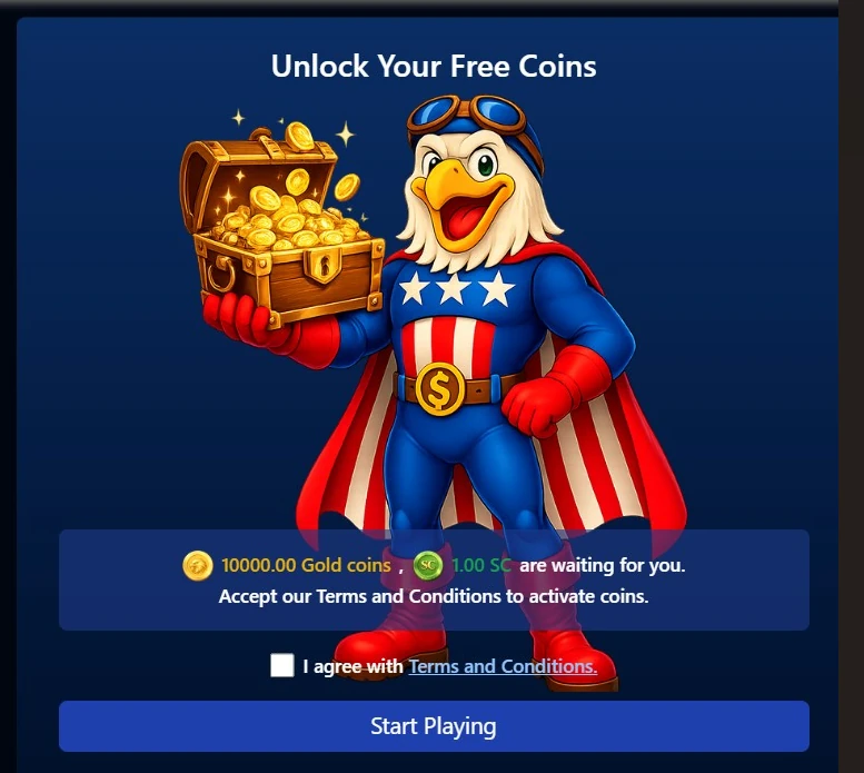 Sweeps USA welcome bonus popup offering 10,000 Gold Coins and 1 Sweeps Coin