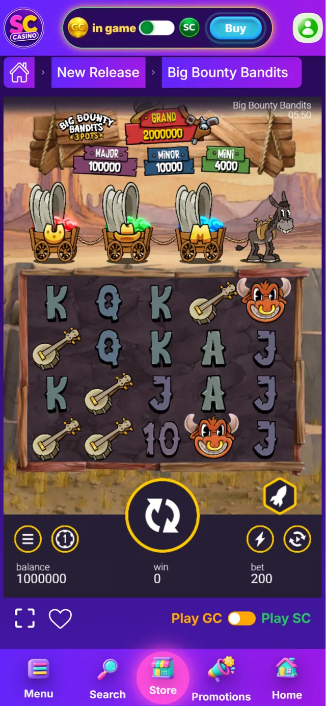 Sweepstakes Casino mobile screen showing Big Bounty Bandits gameplay