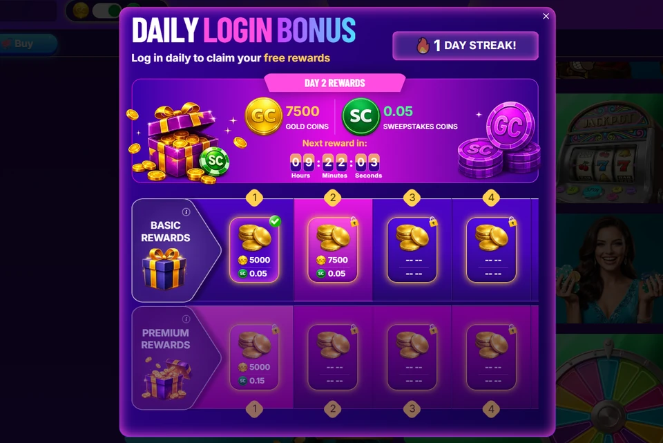 Sweepstakes Casino daily login bonus popup with Gold Coin and Sweeps Coin rewards