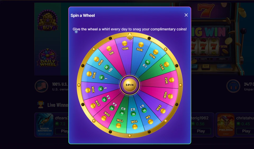 Sweepstakes Casino daily wheel popup with Gold Coin and Sweeps Coin prize segments