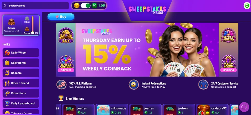 Sweepstakes Casino homepage showing promotions, perks menu, and live winners
