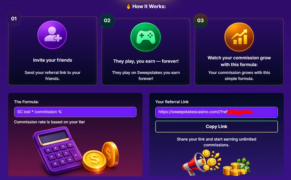 Sweepstakes Casino refer-a-friend page with referral commission formula and link box