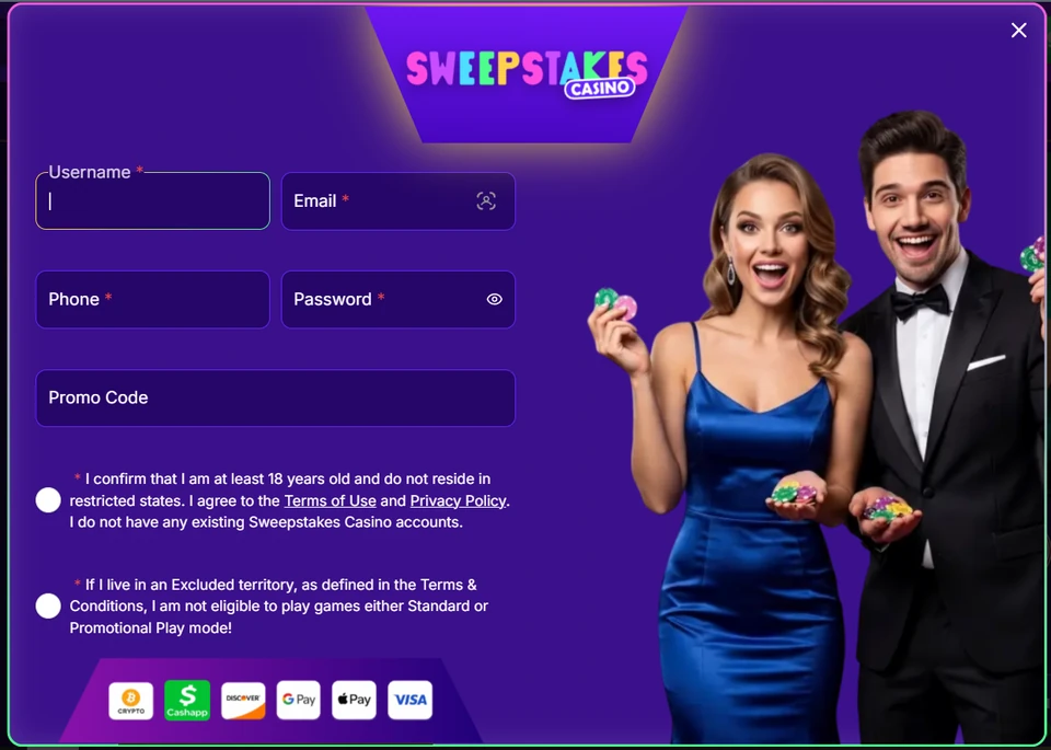 Sweepstakes Casino registration form with promo code field and payment method icons