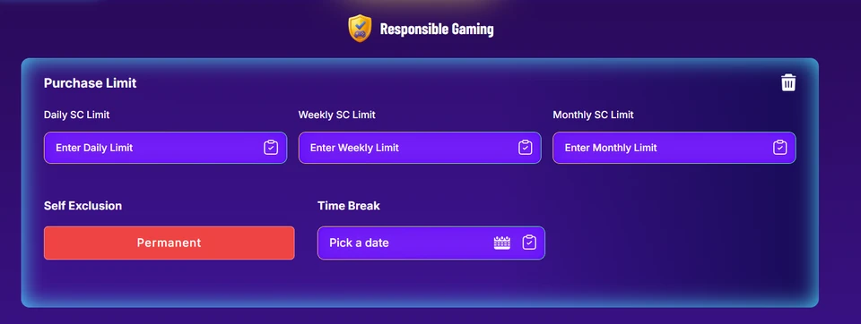 Sweepstakes Casino responsible gaming page with purchase limits and self-exclusion tools