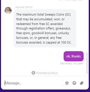 Support chat message stating free Sweeps Coins are capped at 100 SC