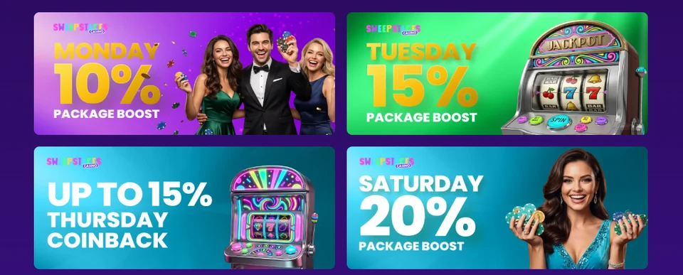 Sweepstakes Casino weekly promotions banners with package boost and coinback offers