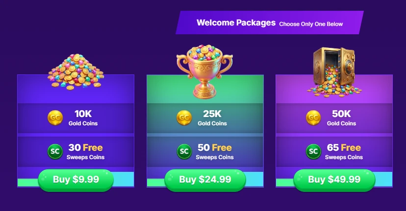 Sweepstakes Casino welcome packages with Gold Coins and free Sweeps Coins