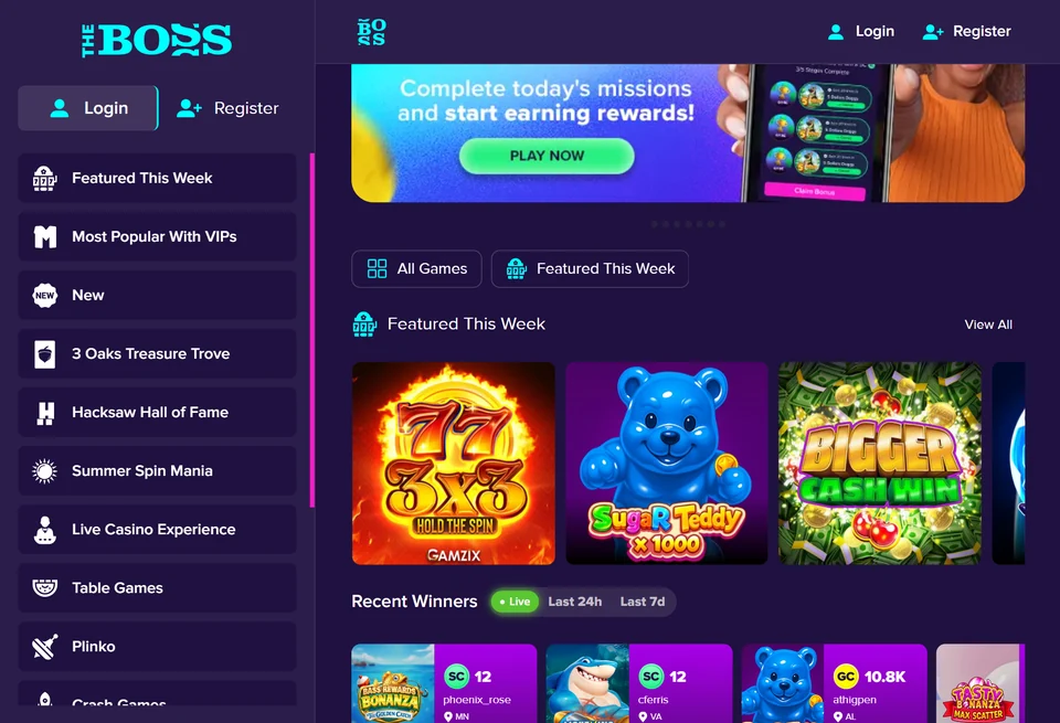 The Boss desktop lobby showing featured games recent winners and category navigation