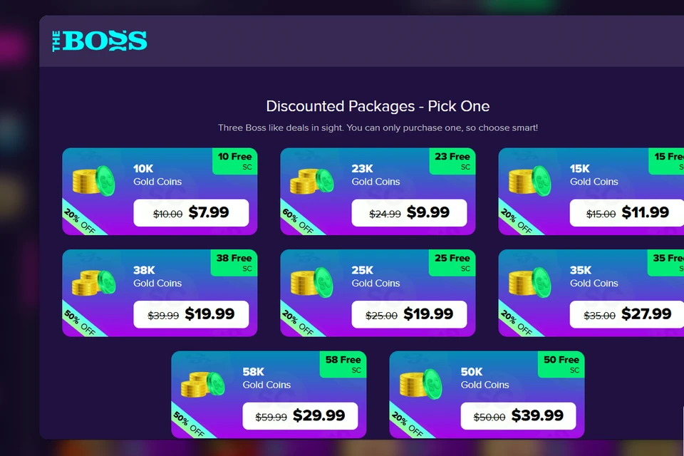 The Boss discounted packages showing Gold Coins free SC and package prices