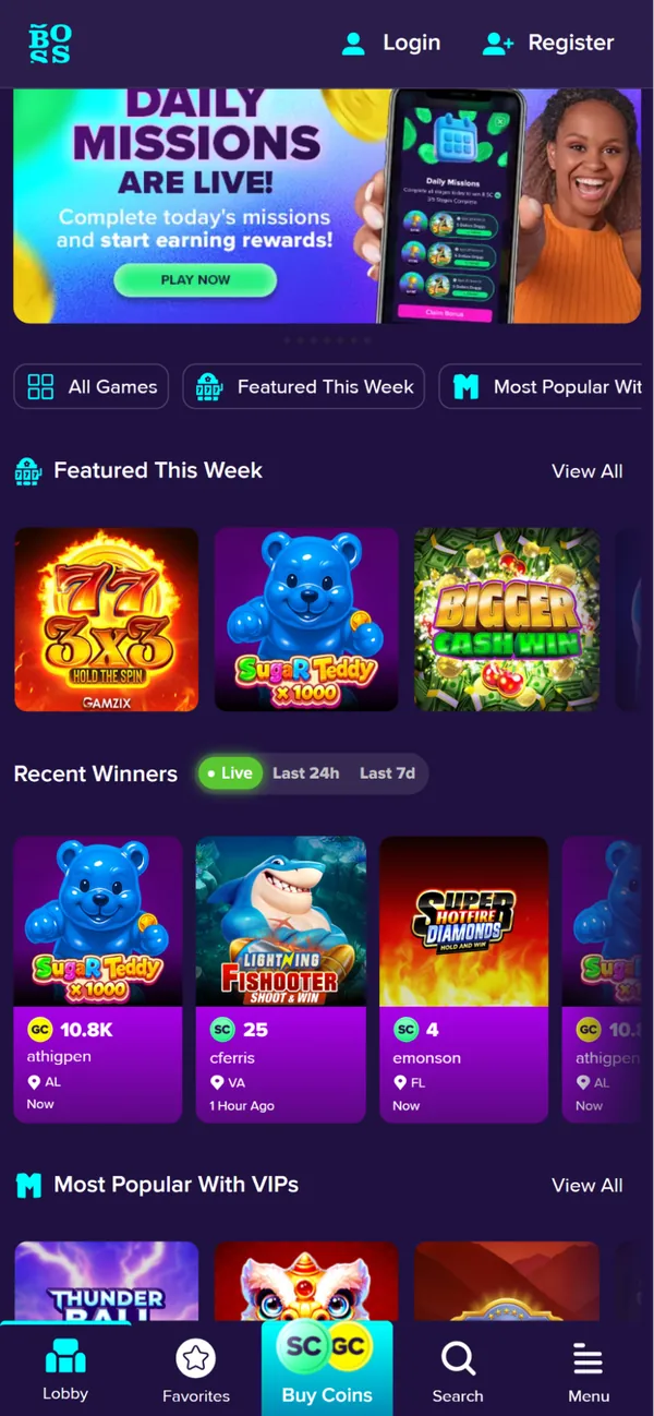 The Boss mobile lobby showing daily missions featured games and recent winners