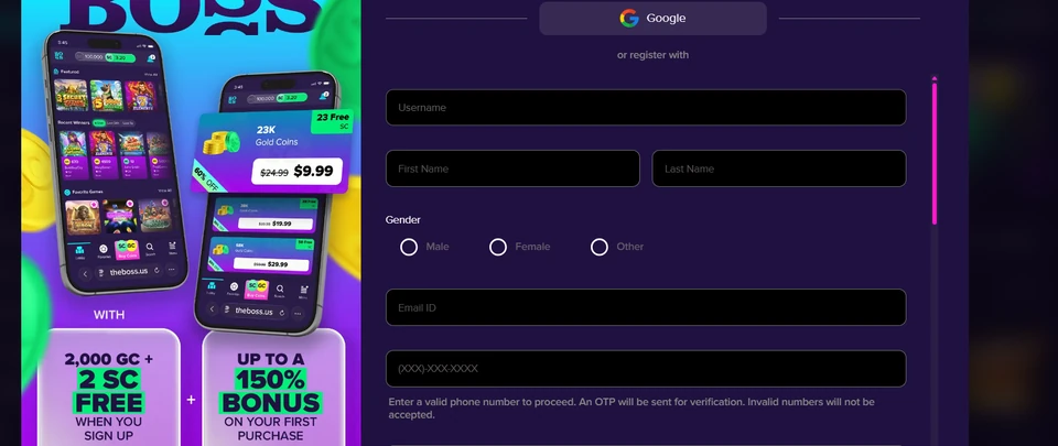 The Boss registration page showing 2000 GC plus 2 SC signup reward and first-purchase bonus